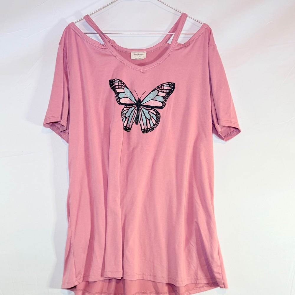 free kisses Women's Pink 2X Cold Shoulder‎ Butterfly Graphic Tunic Top